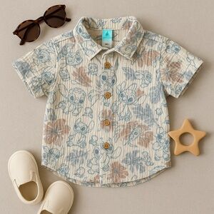 Disney Baby Stitch Button-Up Shirt 24M Blue & Tan Tropical Print Gauze Cotton